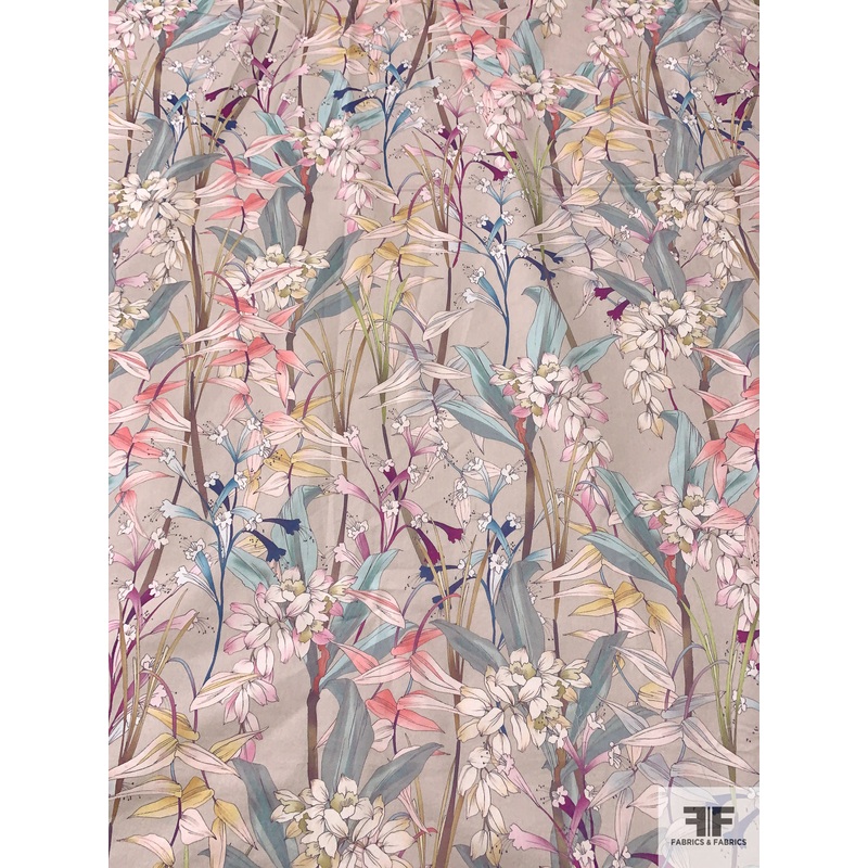 Floral Stalks Printed Stretch Matte-Sateen Cotton Twill – Subtle Tan / Multicolor Fabric by the Yard