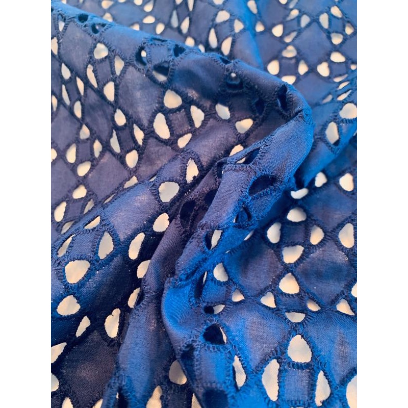 Geometric Embroidered Cotton Eyelet – Navy Fabric by the Yard