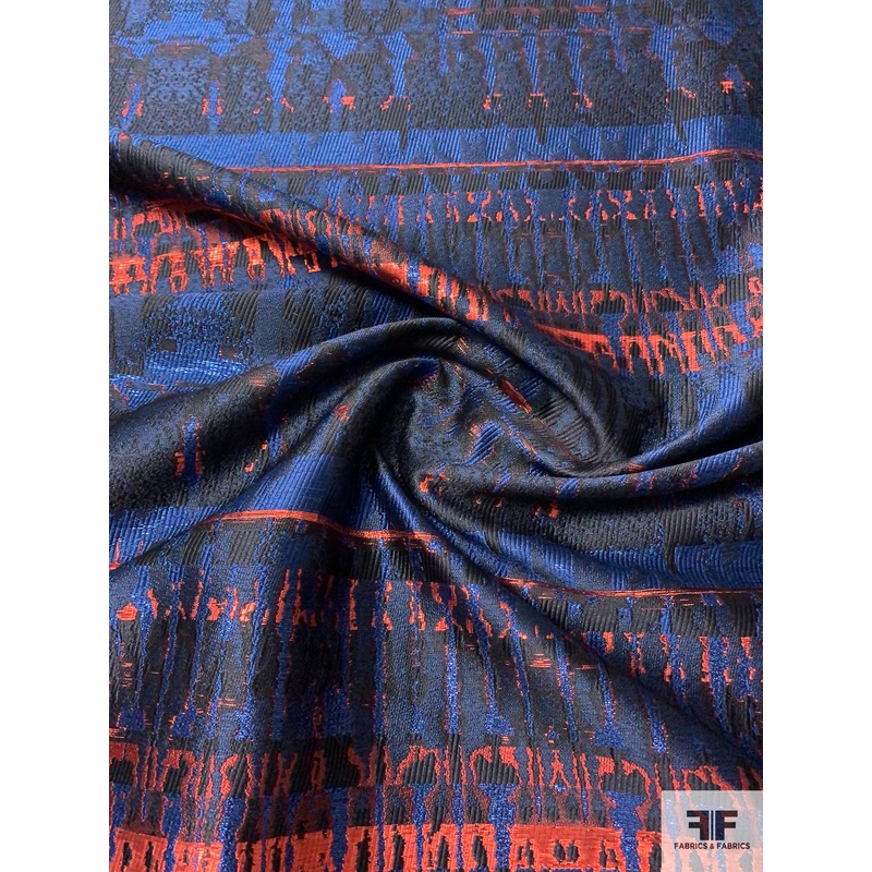 Italian Glam Silk-Poly Metallic Brocade – Brick Orange / Navy / Black Fabric by the Yard