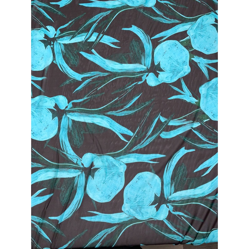 Italian Inflated Floral Printed Silk Chiffon – Aqua / Evergreen / Eggplant Brown Fabric by the Yard