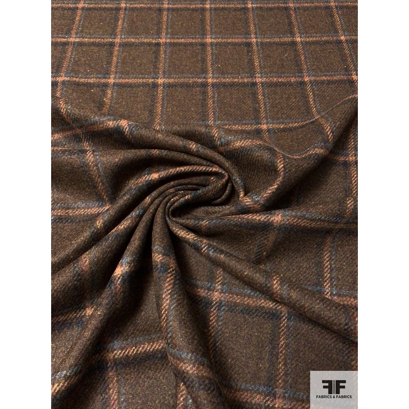 Italian Plaid Virgin Wool Jacket Weight Suiting – Brown / Black / Turquoise Fabric by the Yard