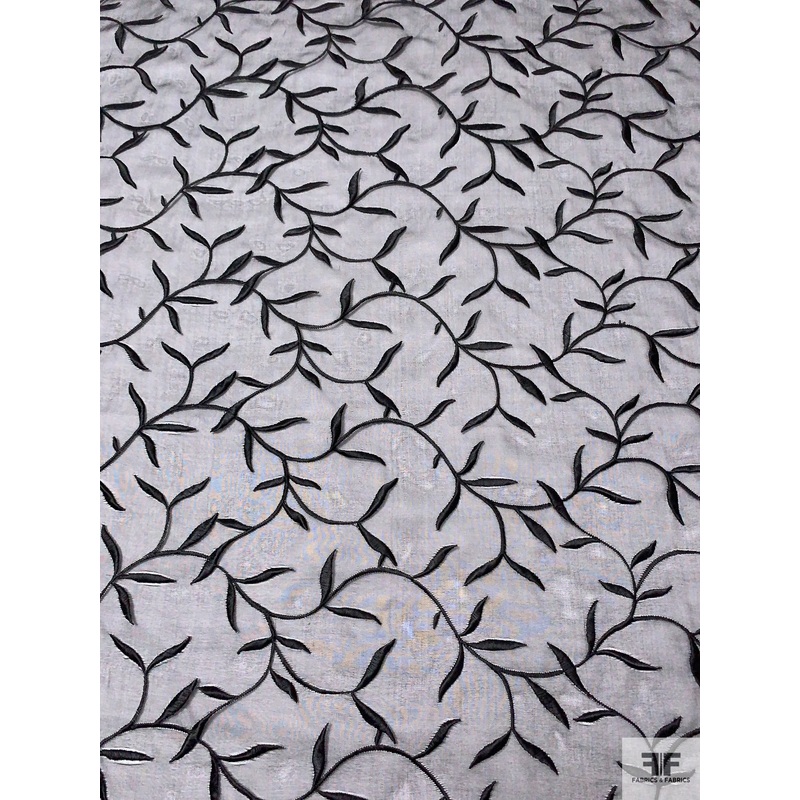 Leaf Vine Embroidered Silk Organza – Black Fabric by the Yard