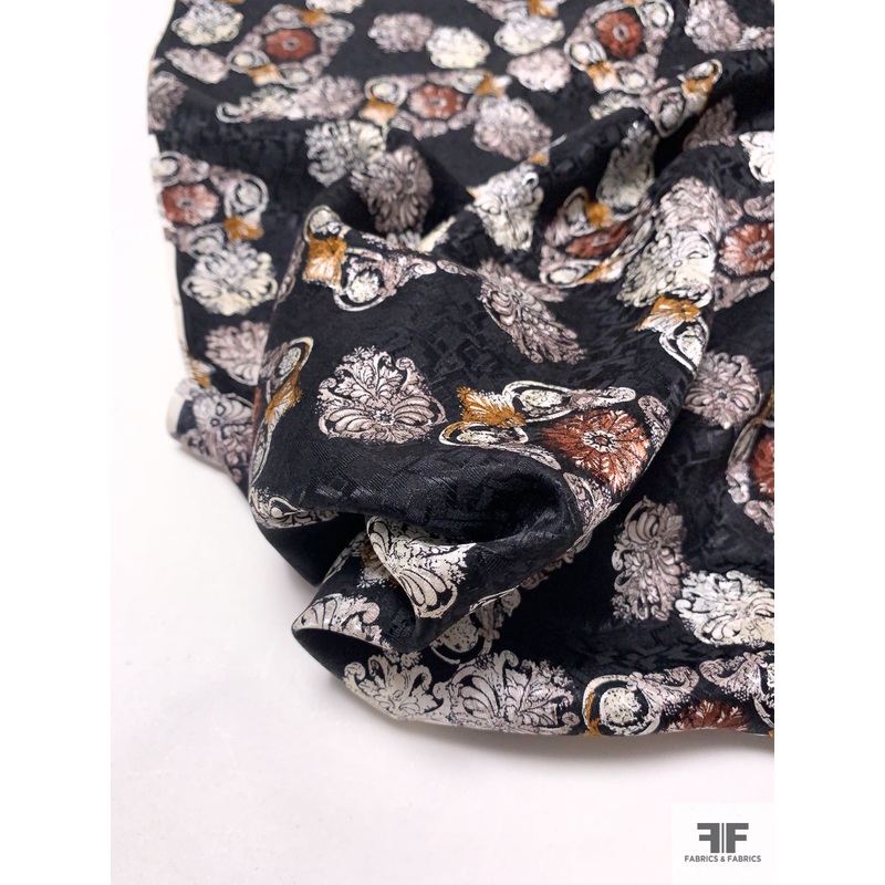 Ornate Floral Printed Vintage Silk Jacquard – Black / Brown / Antique Mustard / Off-White Fabric by the Yard