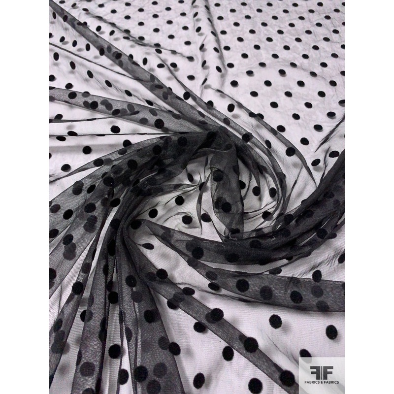 Polka Dot Flocked Fine Tulle – Black Fabric by the Yard