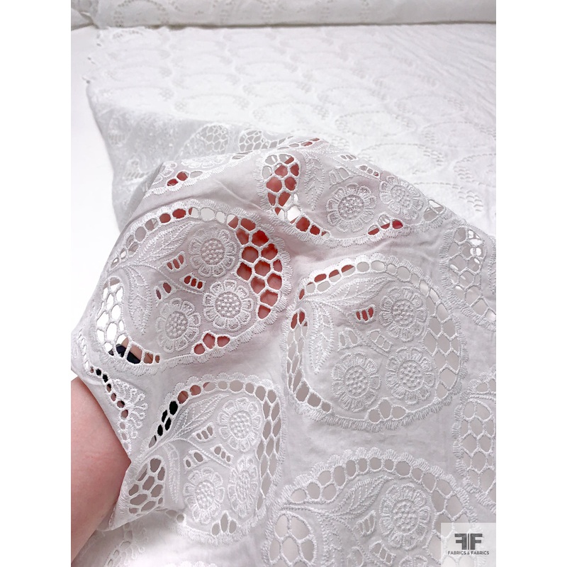 Scalloped Floral Motif Embroidered Eyelet Cotton – White Fabric by the Yard