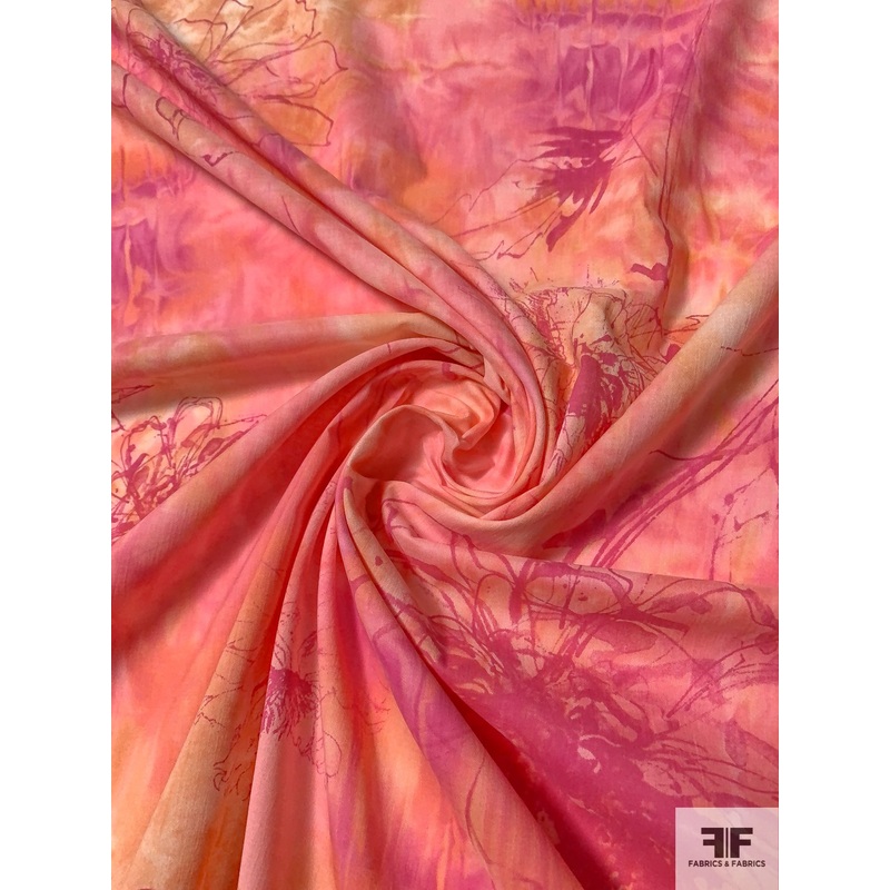Tie-Dye and Floral Sketch Printed Cotton Lawn – Shades of Pink / Coral Fabric by the Yard