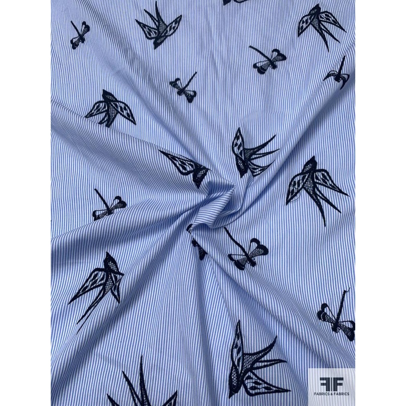 Birds and Dragonflies in Flight Embroidered Striped Cotton Shirting – Blue / White / Black Fabric by the Yard