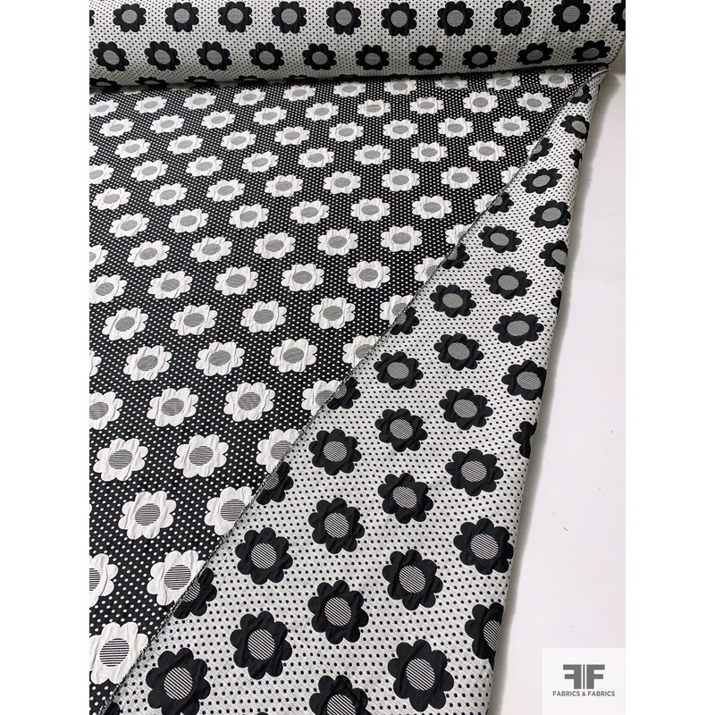 Cute Floral and Dot Pattern Double-Sided Brocade – Black / Off-White Fabric by the Yard