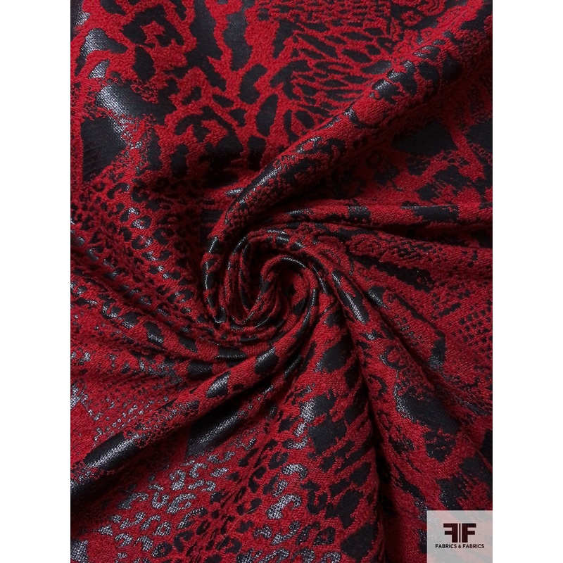 Exotic Animal Pattern Chenille Boucle Glossy Brocade – Red / Black Fabric by the Yard