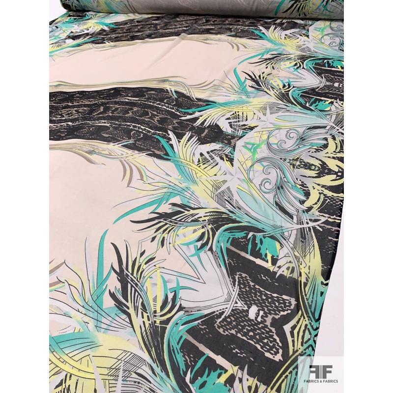 Exotic Double-Border Pattern Printed Silk Chiffon – Seafoam Green / Yellow / Black / Taupe / Nude-Blush Fabric by the Yard