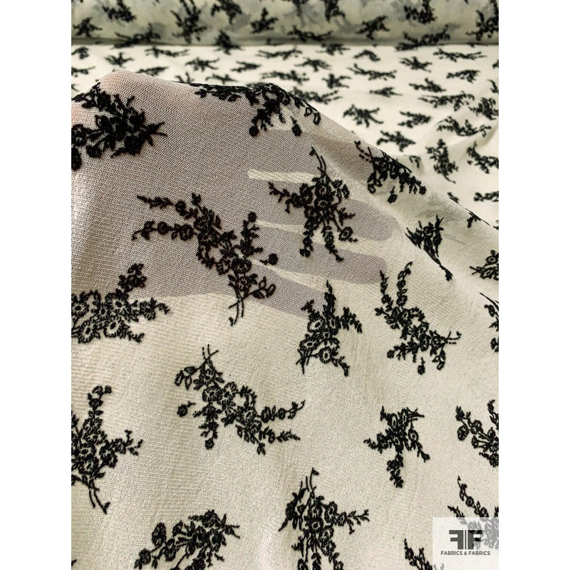 Floral Bouquets Flocked Stretch Nylon Tulle – Black / Ivory Fabric by the Yard