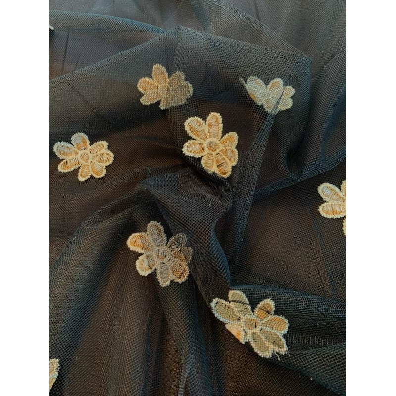Floral Embroidered Tulle with Scalloped Finish – Black / Antique Gold / White Fabric by the Yard
