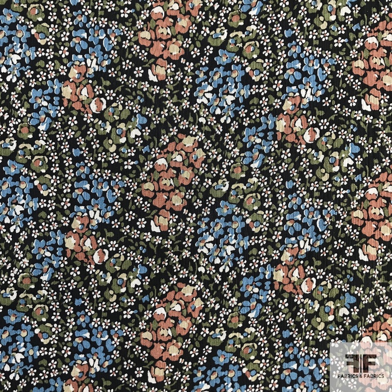 Floral Print Crinkled Chiffon – Black/Multicolor Fabric by the Yard