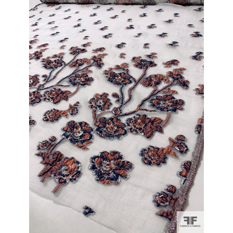 Floral Textured Organza Cloqu Panel – Shimmery Off-White / Navy / Dusty Coral Fabric by the Panel