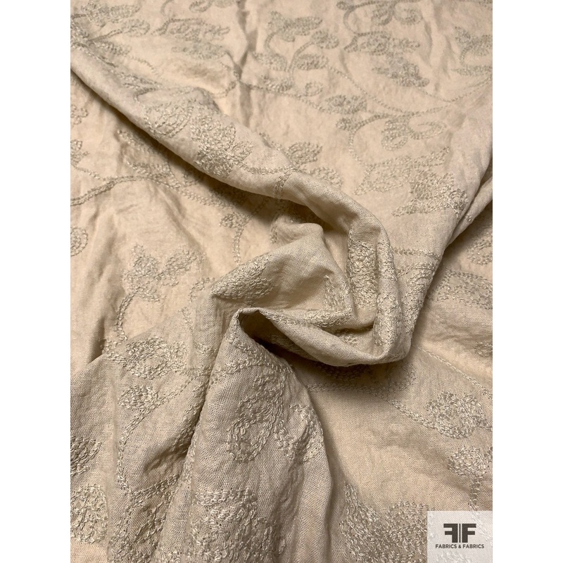 Floral Vines Embroidered Linen – Sand Fabric by the Yard