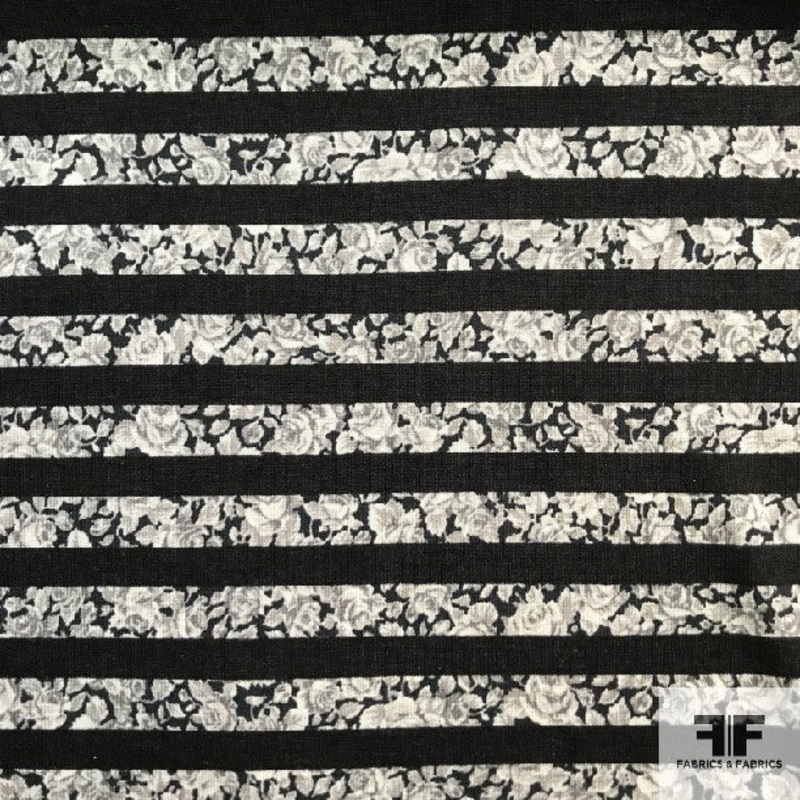 Italian Floral Striped Printed Stretch Rayon Jersey Knit – Grey/Black Fabric by the Yard