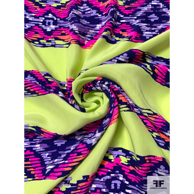 Painterly Ikat-Striped Matte-Side Printed Silk Charmeuse – Highlighter Lime / Purples / Neon Pinks Fabric by the Yard