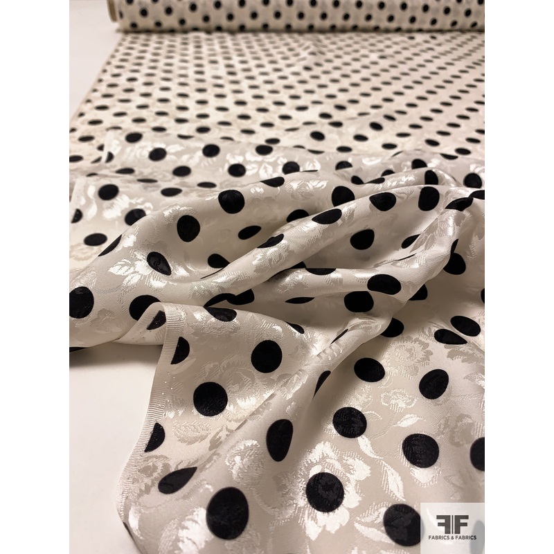 Polka Dots Printed Floral Jacquard Silk Charmeuse – Off-White / Black Fabric by the Yard