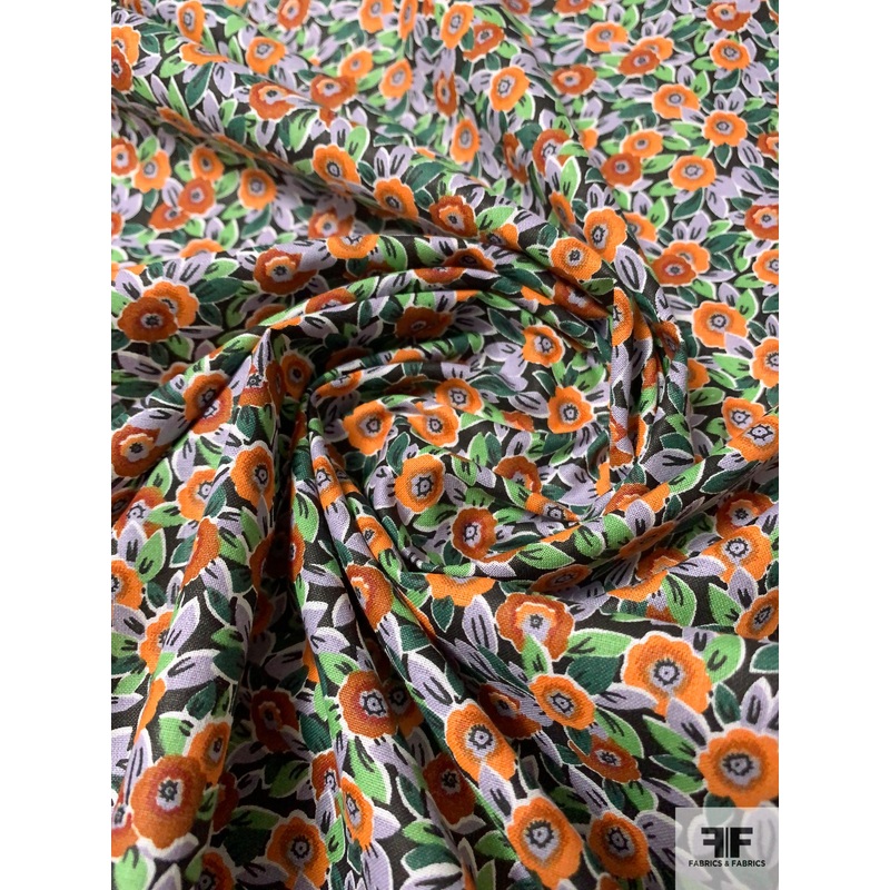 Small Floral Field Printed Cotton Lawn – Turmeric / Cinnamon / Periwinkle / Green Fabric by the Yard