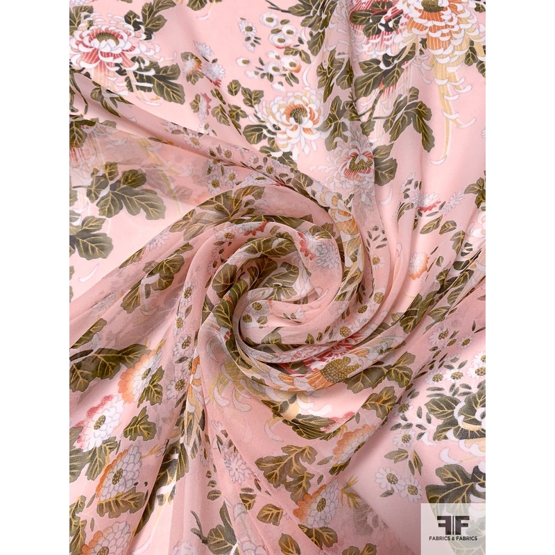 Spring Floral Printed Silk Chiffon – Pink / Green / Yellow / Orange Fabric by the Yard