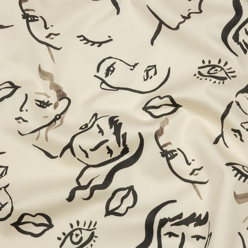 Stretch Cotton Sateen – Black and White Face Drawings – Everyday Runway Print – Mood Exclusive Metro Collection
