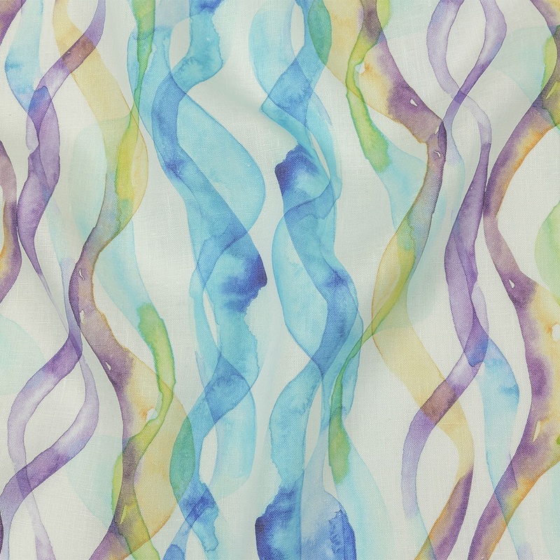 Turquoise, Lime and Eggplant Watercolor Waves Medium Weight Linen Woven