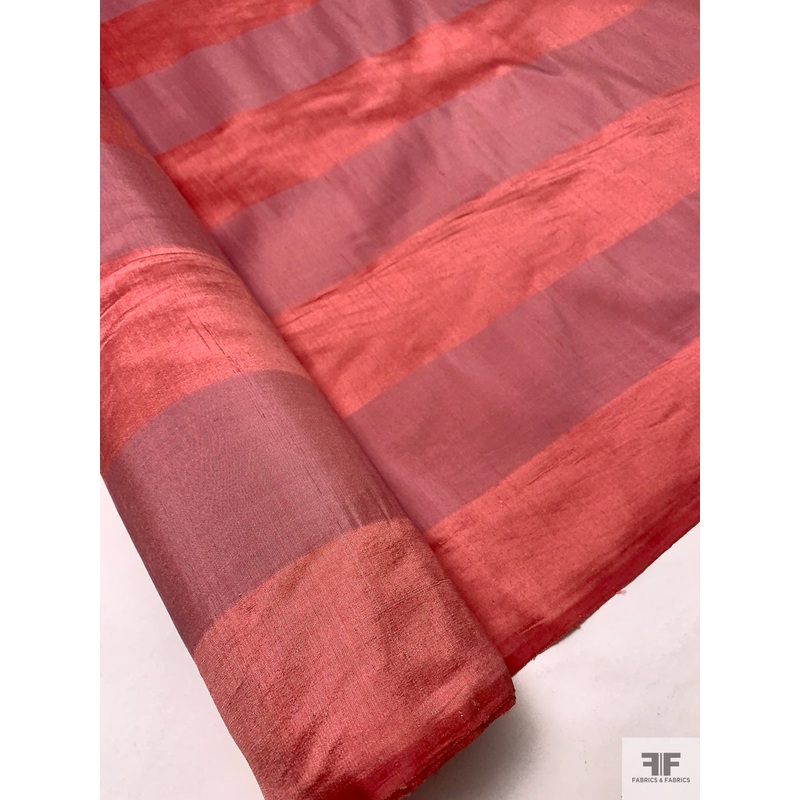 Vertical Striped Yarn-Dyed Silk Shantung – Peachy Raspberry / Muted Rose Fabric by the Yard