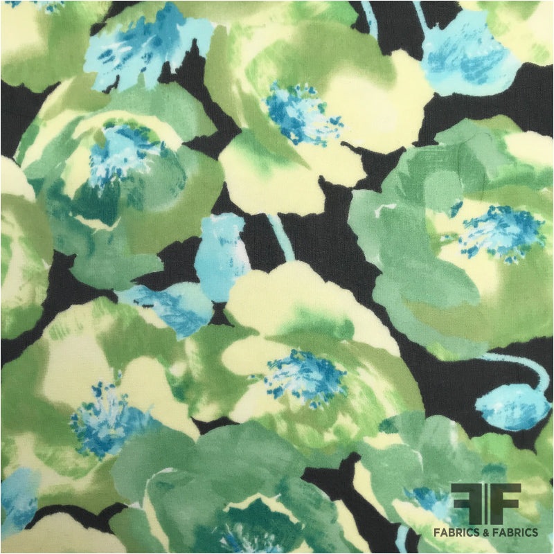Watercolor Floral Printed Silk Chiffon – Green/Black Fabric by the Yard