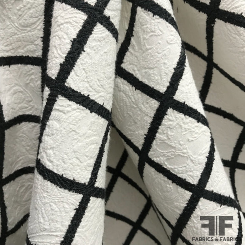 Windowpane Jacquard Brocade – White/Black Fabric by the Yard