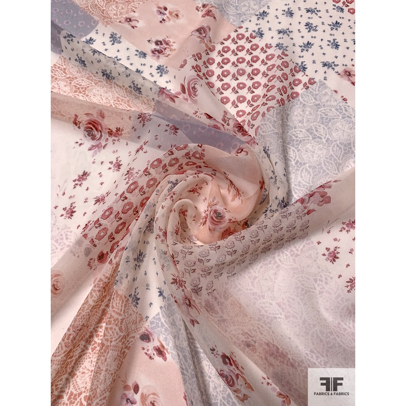 Country Quilt-Like Printed Silk Chiffon – Mauve / Cream / Lilac / Dusty Blue Fabric by the Yard