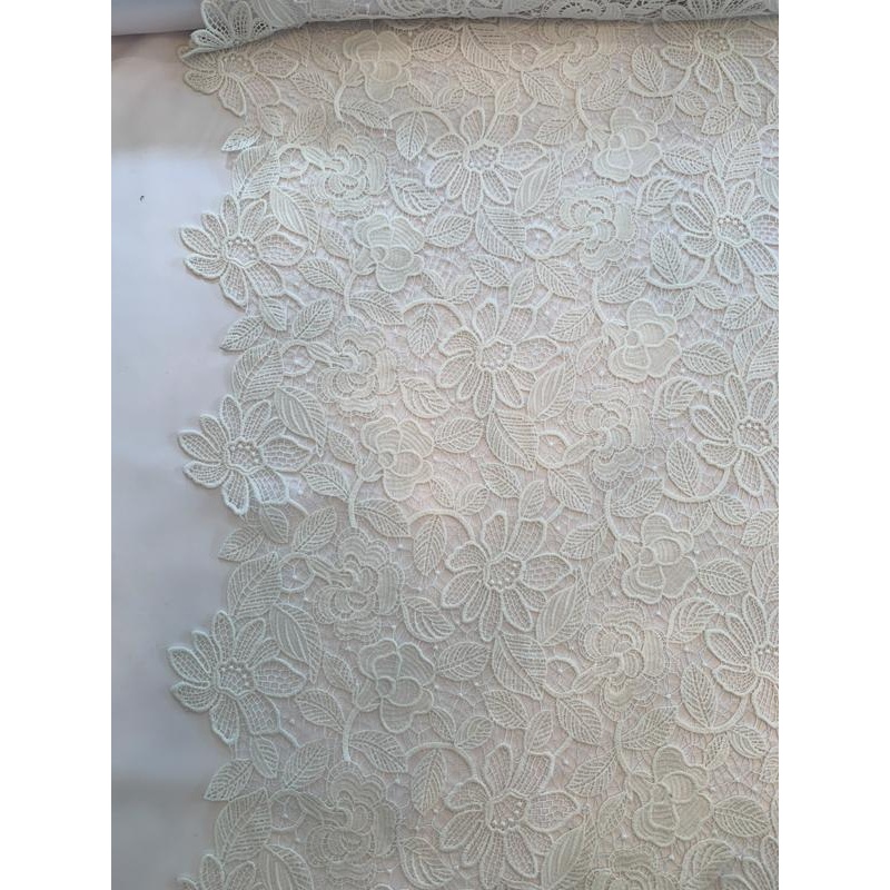 Double-Scalloped Floral and Leaf Guipure Lace with Light Cording – Off-White Fabric by the Yard