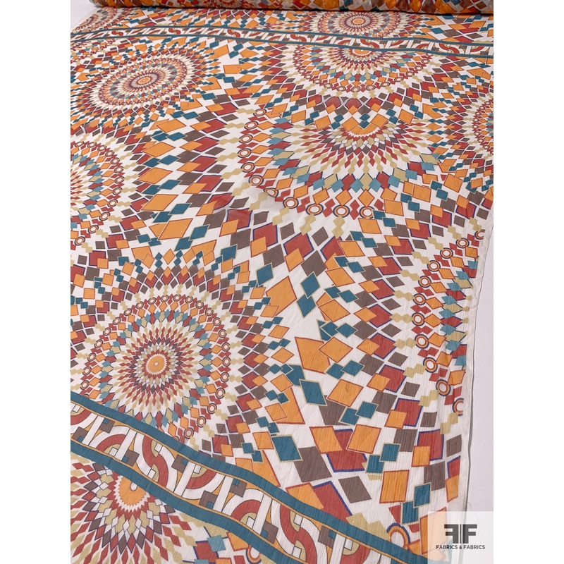 Ethno-Geometric Circle Pattern Printed Crinkled Silk Chiffon Panel – Marigold / Burnt Orange / Blue / Brown Fabric by the Panel