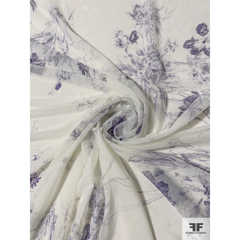 Floral Sketch Printed Stretch Nylon Tulle – Ivory / Eggplant Purple Fabric by the Yard