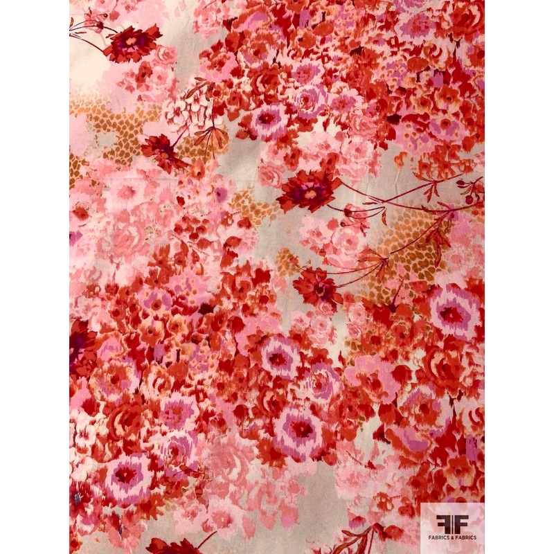 Floral Trees Printed Silk and Cotton Voile – Shades of Coral / Sand Fabric by the Yard