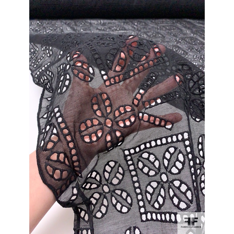 Geomeric Floral Embroidered Eyelet Cotton Gauze – Black Fabric by the Yard