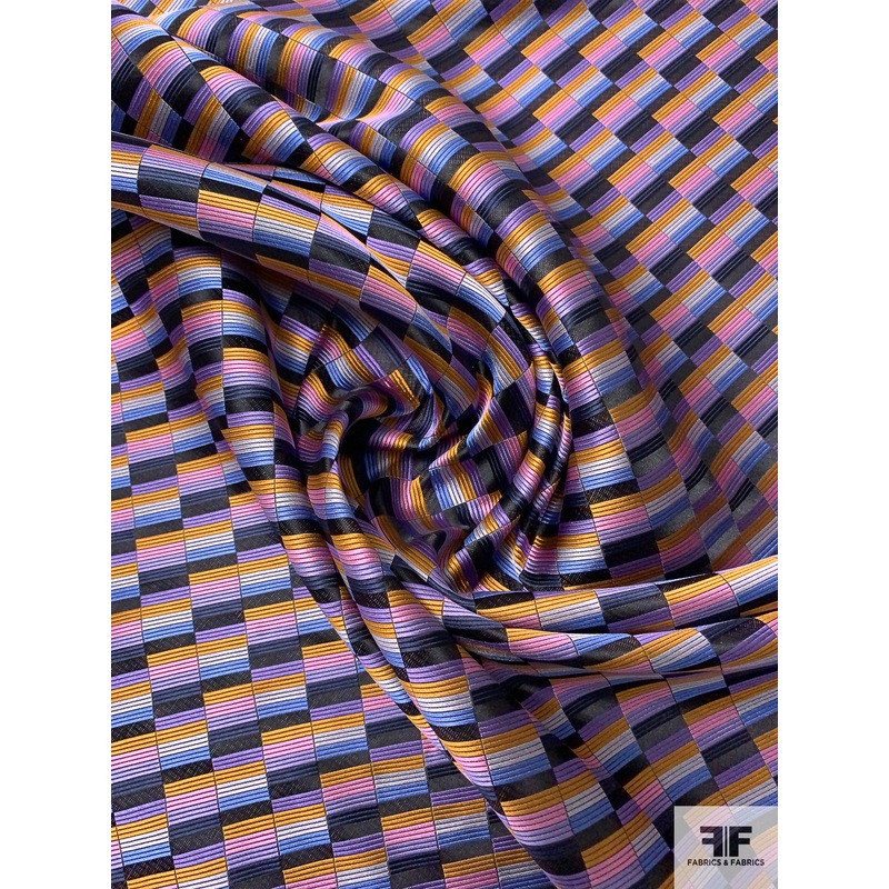 Gradient Squares Silk Necktie Jacquard Brocade – Pink / Purple / Turmeric / Periwinkle Fabric by the Yard