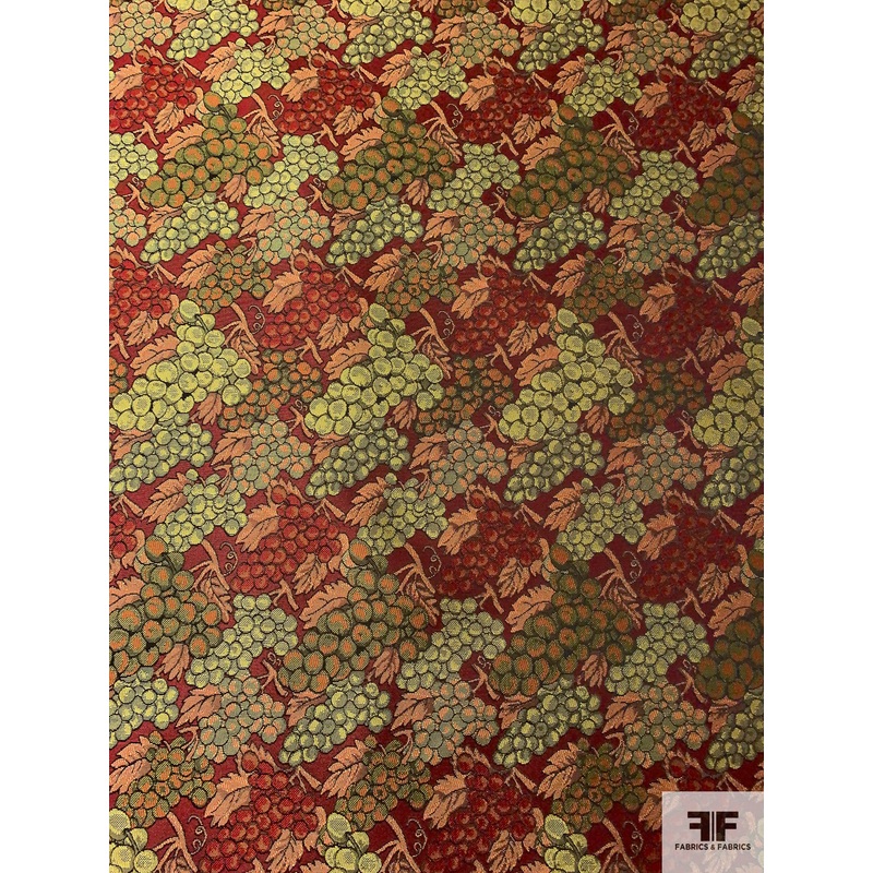 Grape Bundles Brocade – Antique Red / Pear Greens / Black Fabric by the Yard