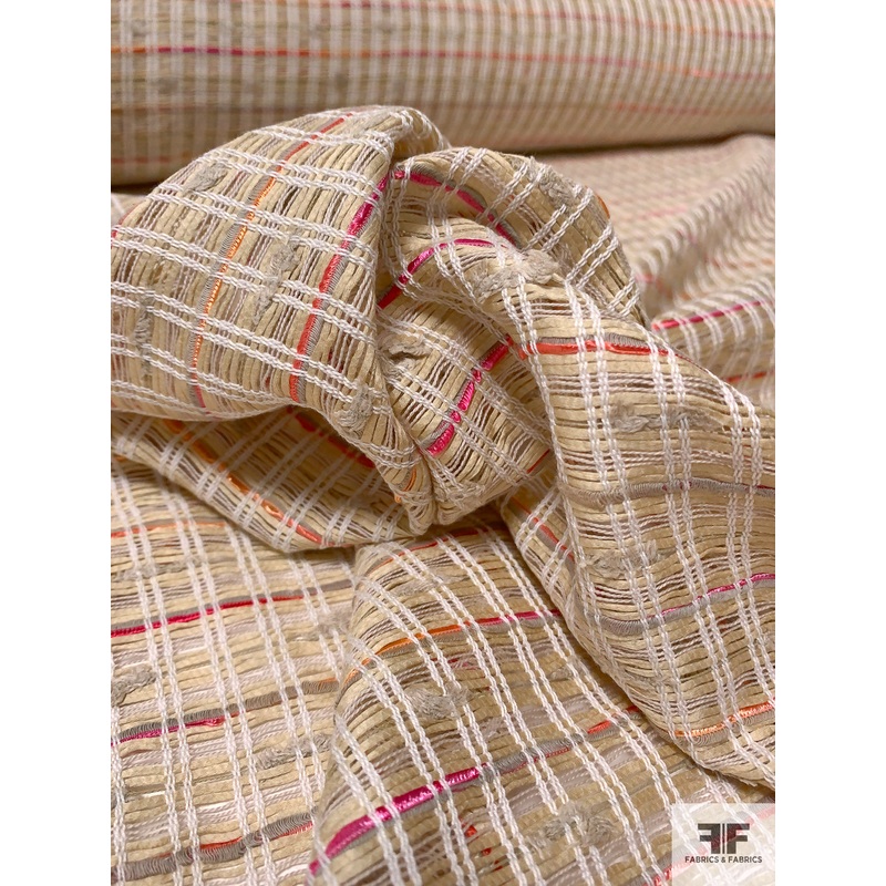 Italian Loose Woven Cotton Blend Suiting with Nubs – Tan / Sand / Pink / Orange Fabric by the Yard