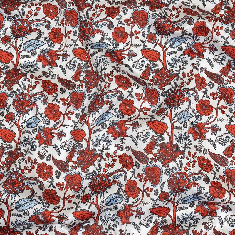 Poinciana, Crystal Blue and Snow White Floral Stems Cotton Sateen