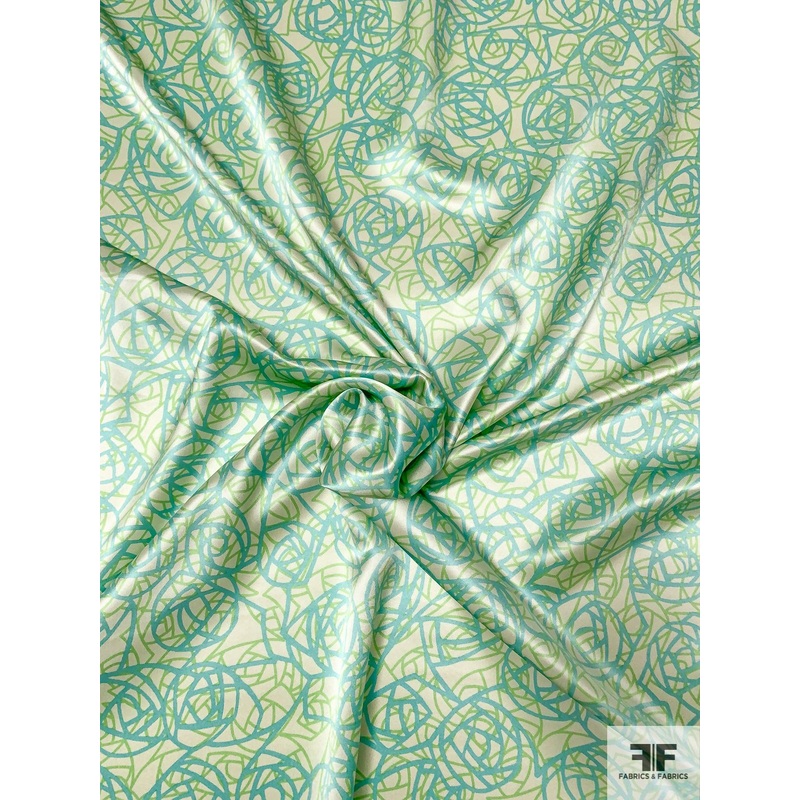 Scribbly Floral Printed Silk Charmeuse – Mint / Green / Seafoam Fabric by the Yard