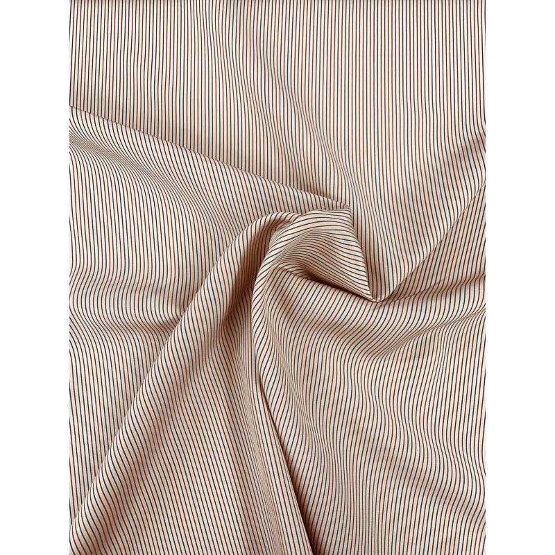 Vertical Fine Striped Printed Silk Broadcloth – Tan / Brown / Blue Fabric by the Yard