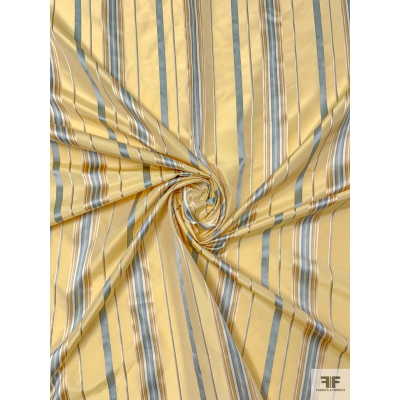 Yarn-Dyed and Satin Striped Silk Taffeta – Antique Yellow / Steel Blue / Light Grey Fabric by the Yard