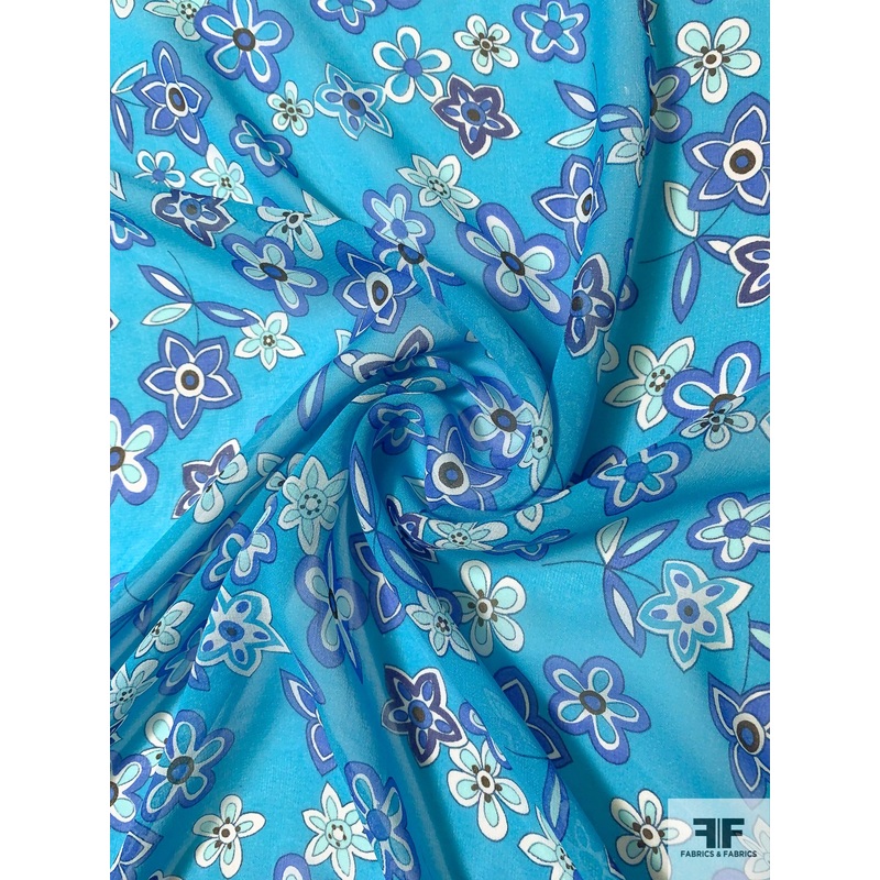 Youthful Floral Printed Silk Chiffon – Turquoise / Blue / White Fabric by the Yard
