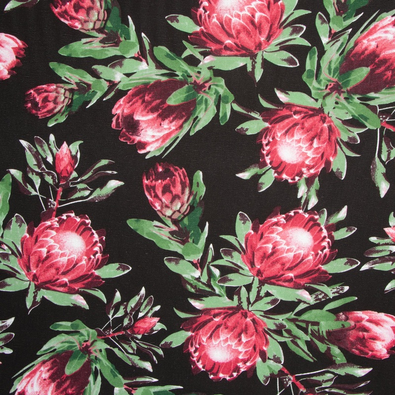 Cotton Canvas Printed Protea Black
