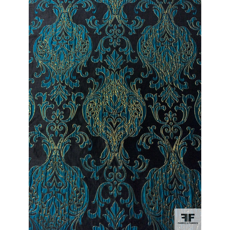 Damask Textured Metallic Brocade – Teal / Gold / Black Fabric by the Yard