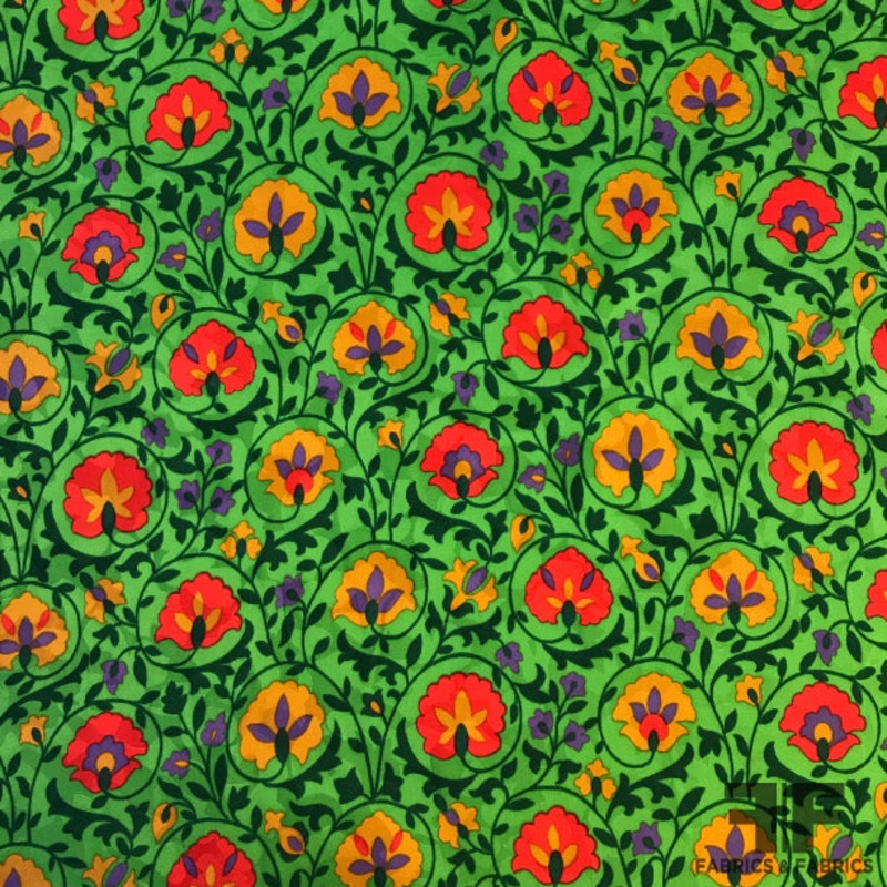 Floral Printed Silk Jacquard – Green/Red/Yellow Fabric by the Yard