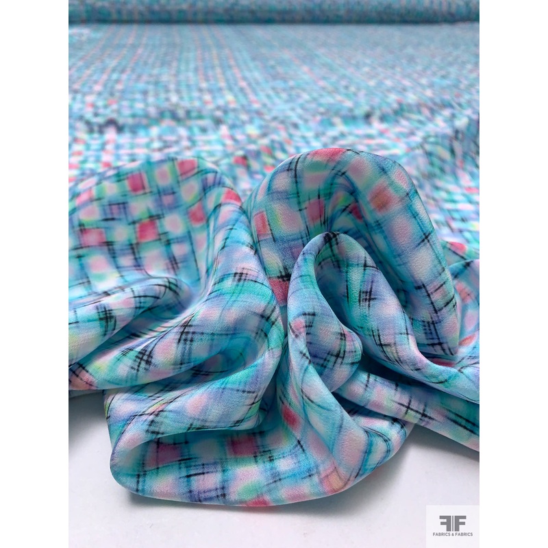 Hazy Pixel Graphic Printed Silk Crepe de Chine – Aquamarine / Pink / Black / Periwinkle Fabric by the Yard