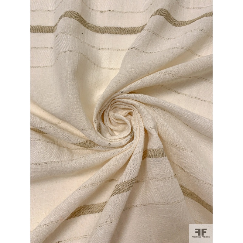 Horizontal Striped Gauzy Novelty Cotton-Linen Blend with Lurex – Khaki / Ivory / Gold Fabric by the Yard