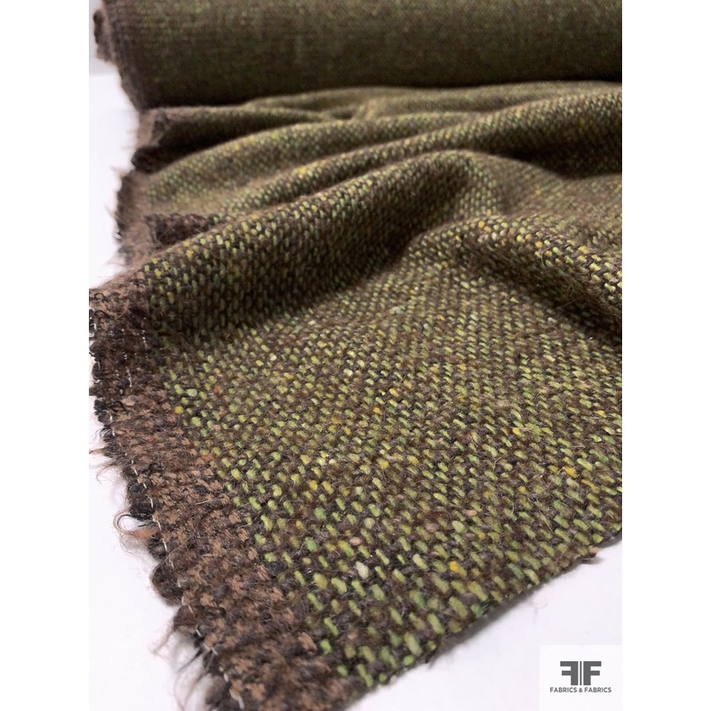 Italian Fuzzy Jacket Weight Wool Blend Tweed – Pear Green / Brown Fabric by the Yard