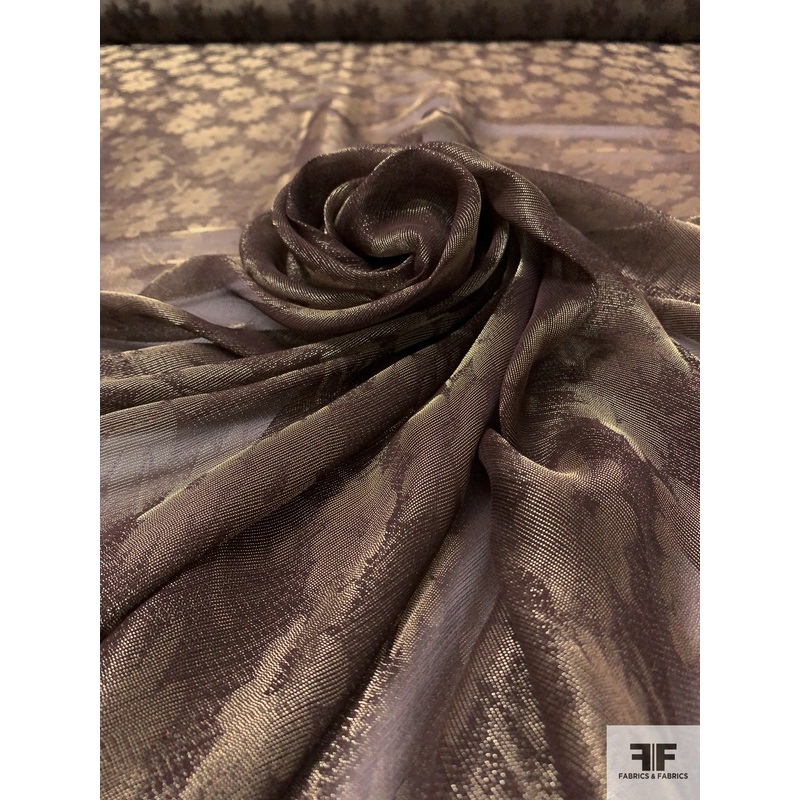 Italian Vintage Ralph Lauren Floral Jacquard Sheer Lam – Eggplant Brown / Antique Gold Fabric by the Yard